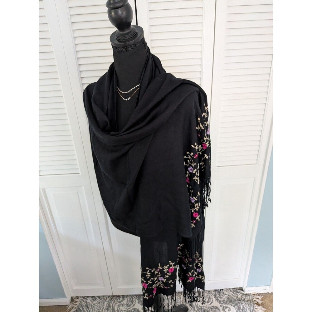 Pashmina Shawl Wrap Scarf Women's Black Pink Purple Floral Tassel Eveningwear